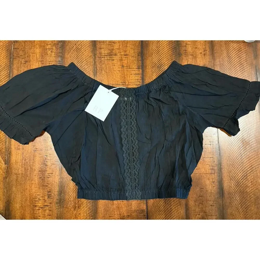 Rachel Parcell Off Shoulder Crop Top - Wash Crepe Black - Size Large   MSRP $89 - Picture 6 of 8